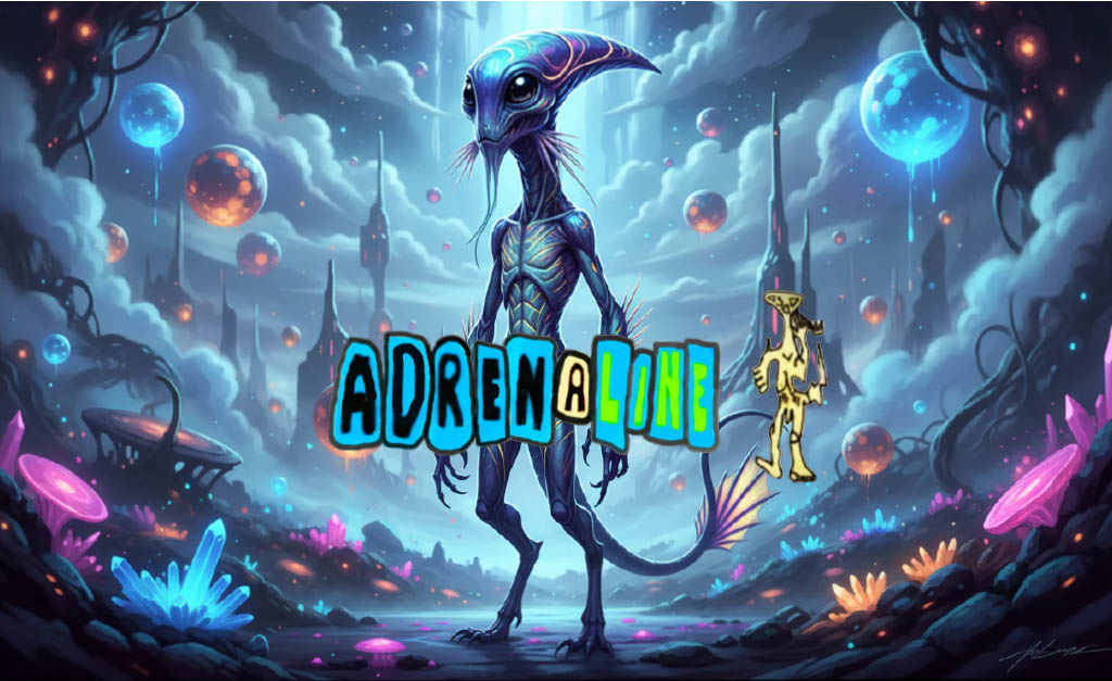 A blue, humanoid alien with a long tail stands in a vibrant, glowing alien landscape. The word “ADRENALINE” and a small cartoon alien are superimposed over the scene. Colorful planets and crystals surround the figure.